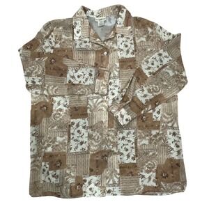 Travel Smith Womens Button Up Shirt Long‎ Sleeve Patchwork Print Brown Top